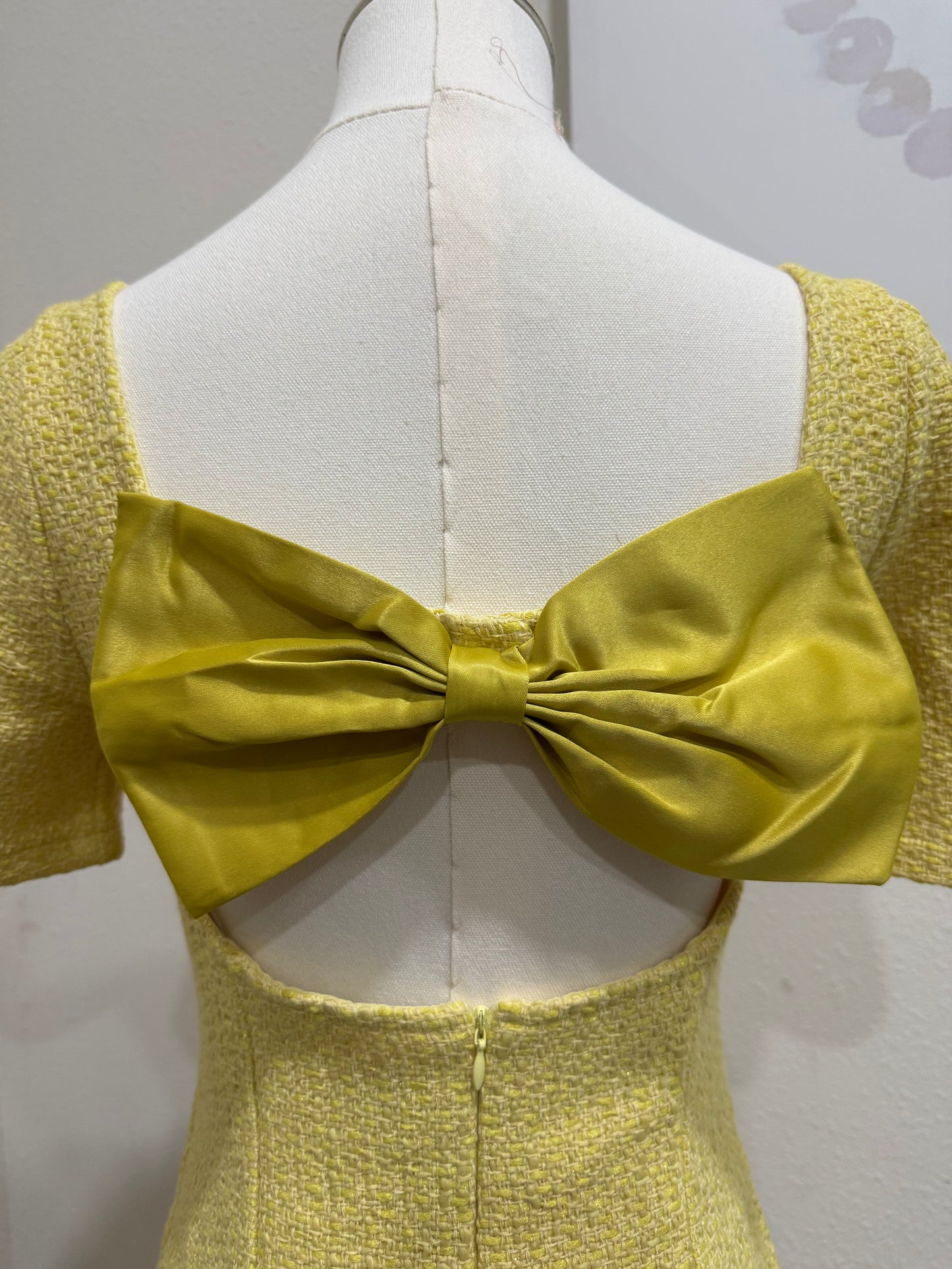 Tweed Short Sleeve Midi Dress With Structured Waist And Flared Hem