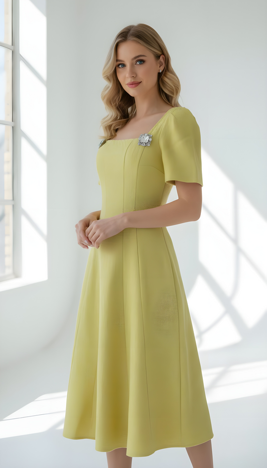 Tweed Short Sleeve Midi Dress With Structured Waist And Flared Hem