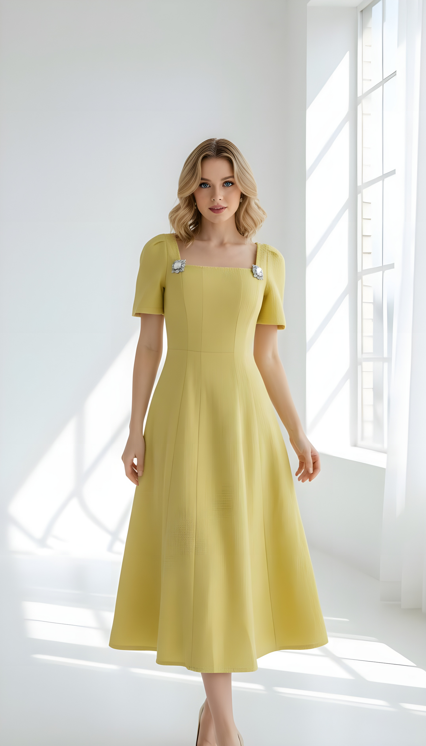 Tweed Short Sleeve Midi Dress With Structured Waist And Flared Hem