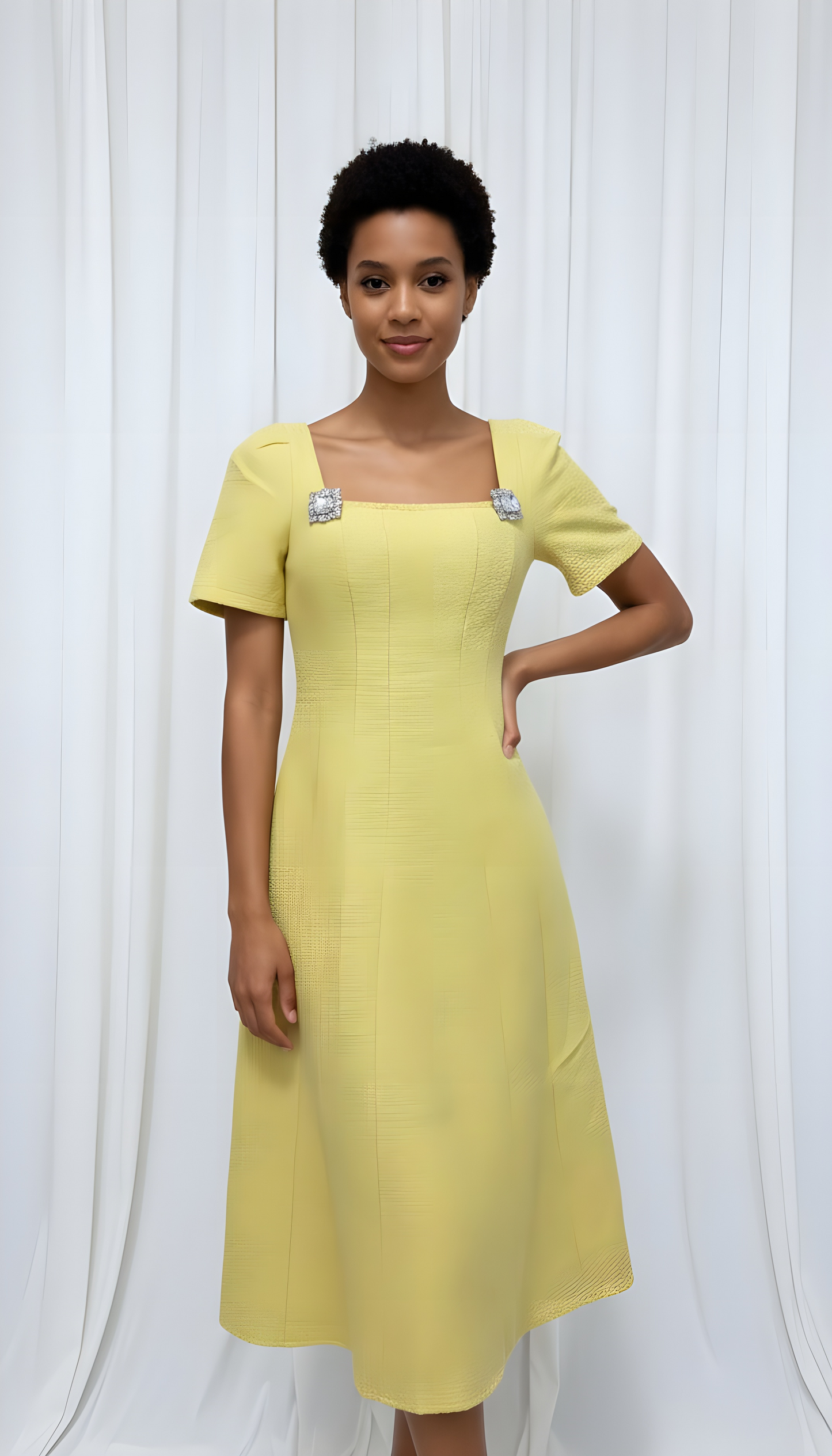 Tweed Short Sleeve Midi Dress With Structured Waist And Flared Hem